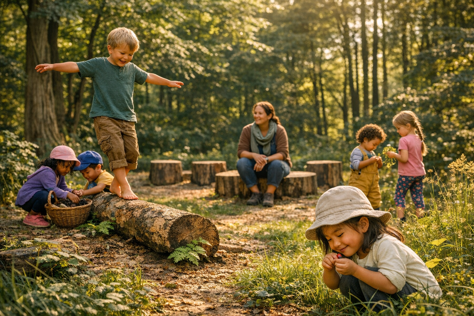 Kinder verschiedener Herkunft spielen im Wald mit Betreuerin